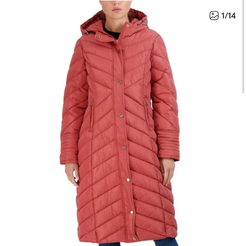 Madden Girl Long Quilted Hooded Puffer Coat in Dusty Rose